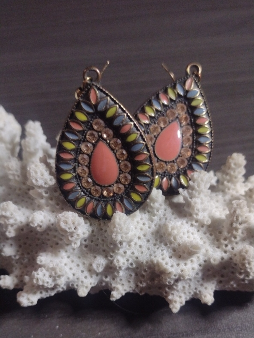 Vintage Coral Teardrop Enamel Earrings with Multicolor Accents